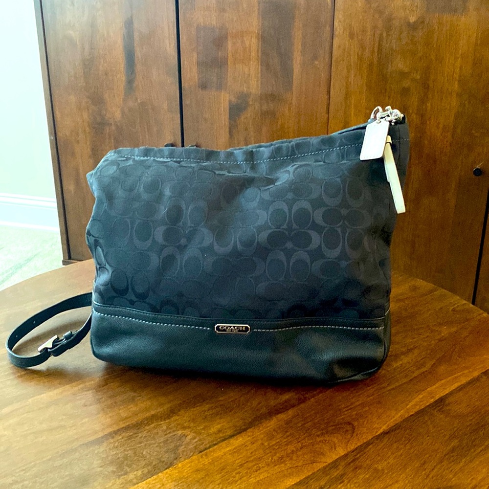 COACH messenger bag.  Black signature with black leather and nickel trim.